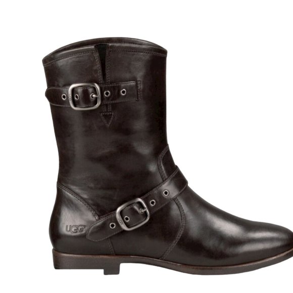 UGG Dark Brown Leather Shearling Footbed Frances Moto Biker Boot #1005672 - Picture 1 of 5